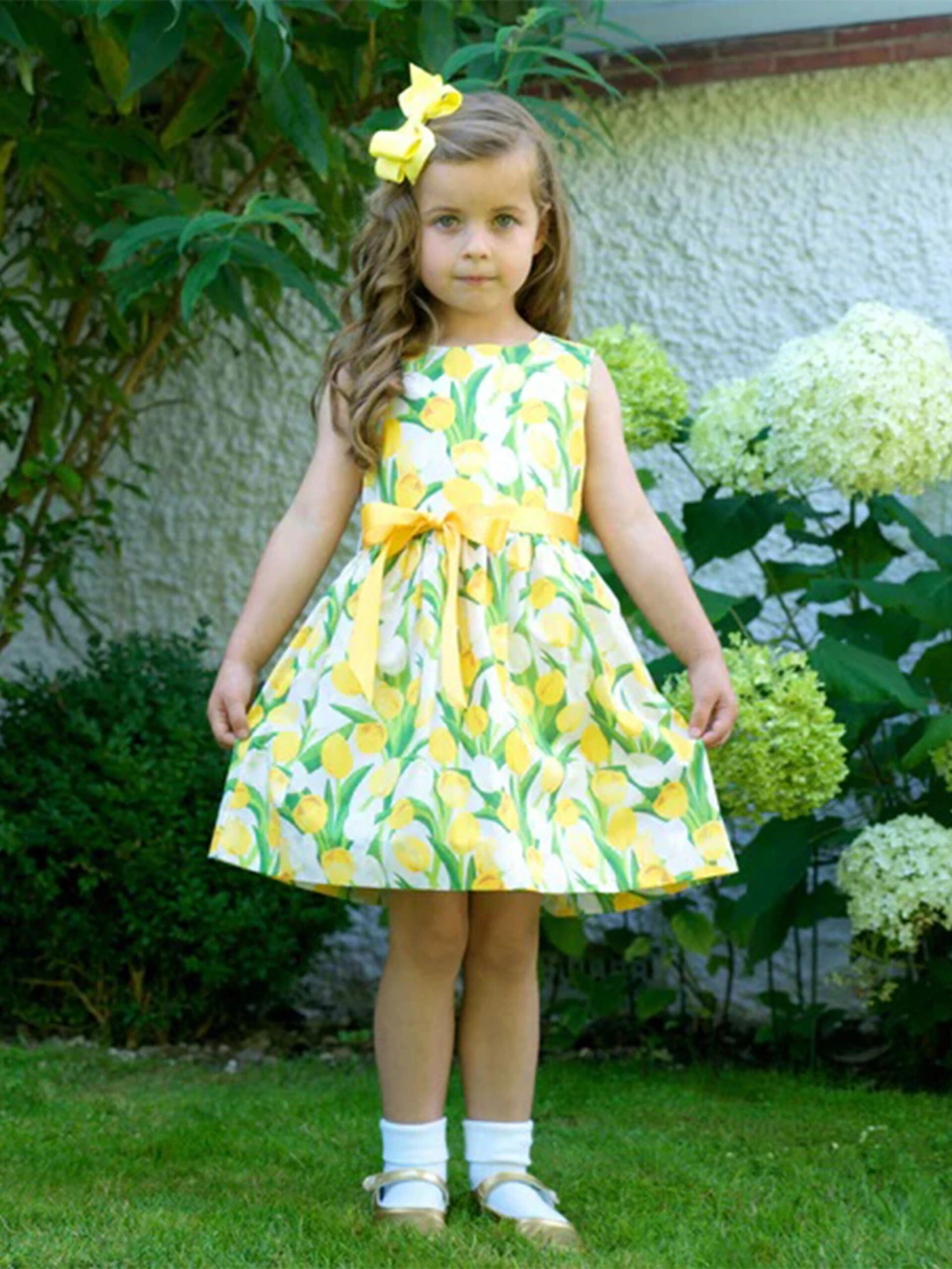 Girls Tulip Sash Dress In Yellow 4 Girls Tulip Sash Dress In Yellow - Image 2