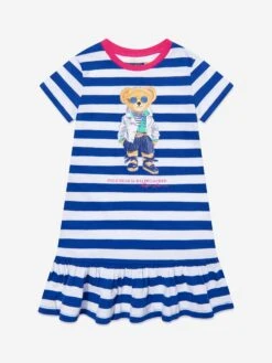 Girls Striped Bear Dress In Blue