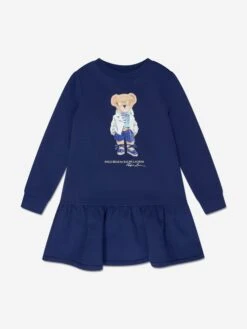 Girls Bear Fleece Dress In Navy
