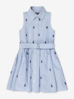Girls Sleeveless Shirt Dress In Blue