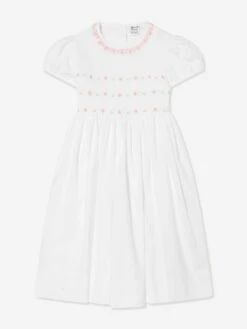 Girls Hand Smocked Flower Dress In Ivory