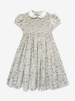 Girls Cotton Floral Dress In Yellow