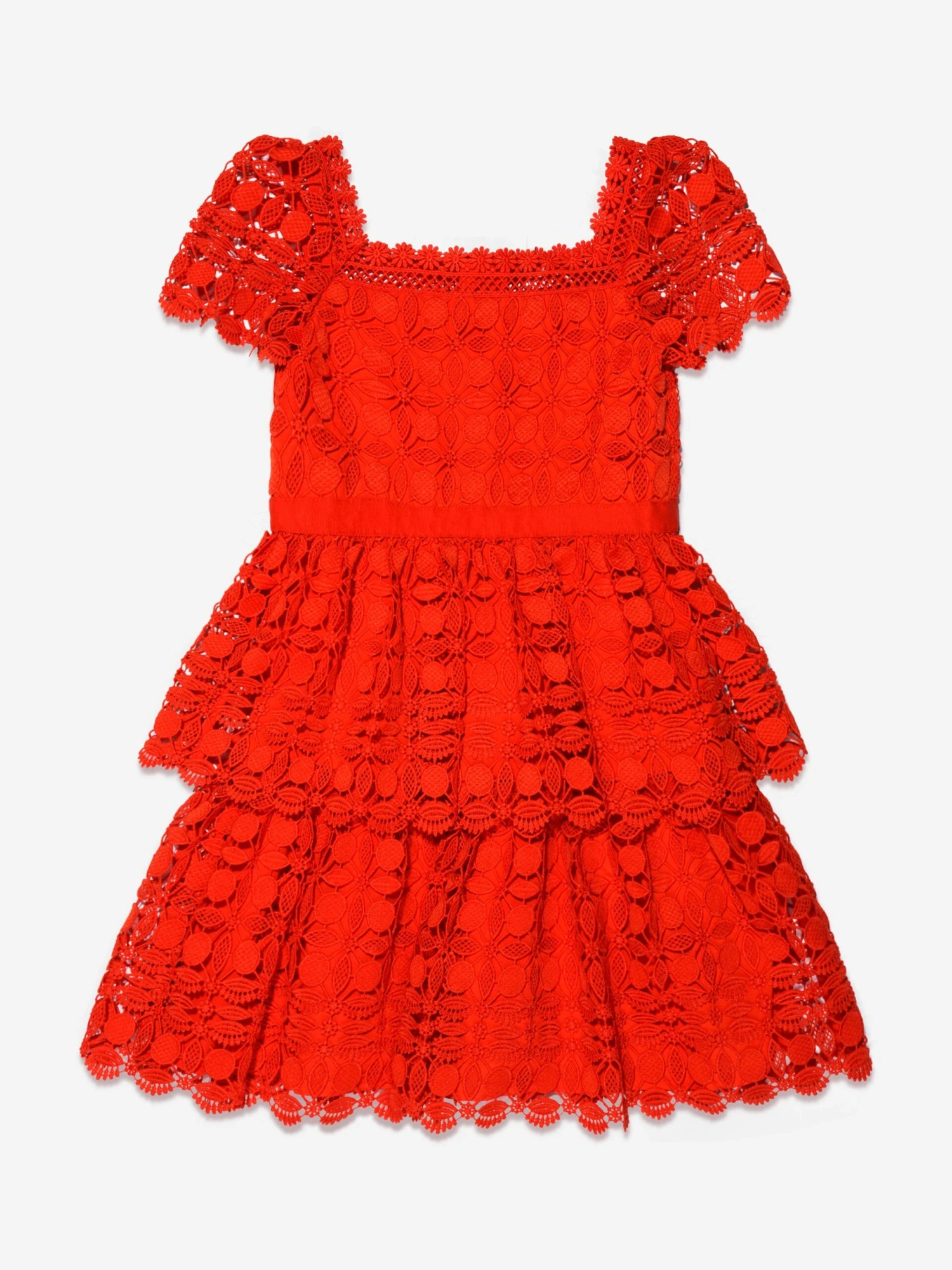 SELF PORTRAIT Girls Petal Lace Tiered Mini Dress In Red 4 SELF PORTRAIT Girls Petal Lace Tiered Mini Dress In Red - Image 2