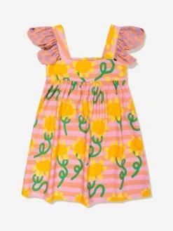 Girls Striped Flower Dress In Multicolour