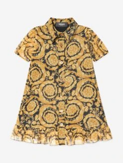 Versace Girls Silk Barocco Georgette Dress In Gold