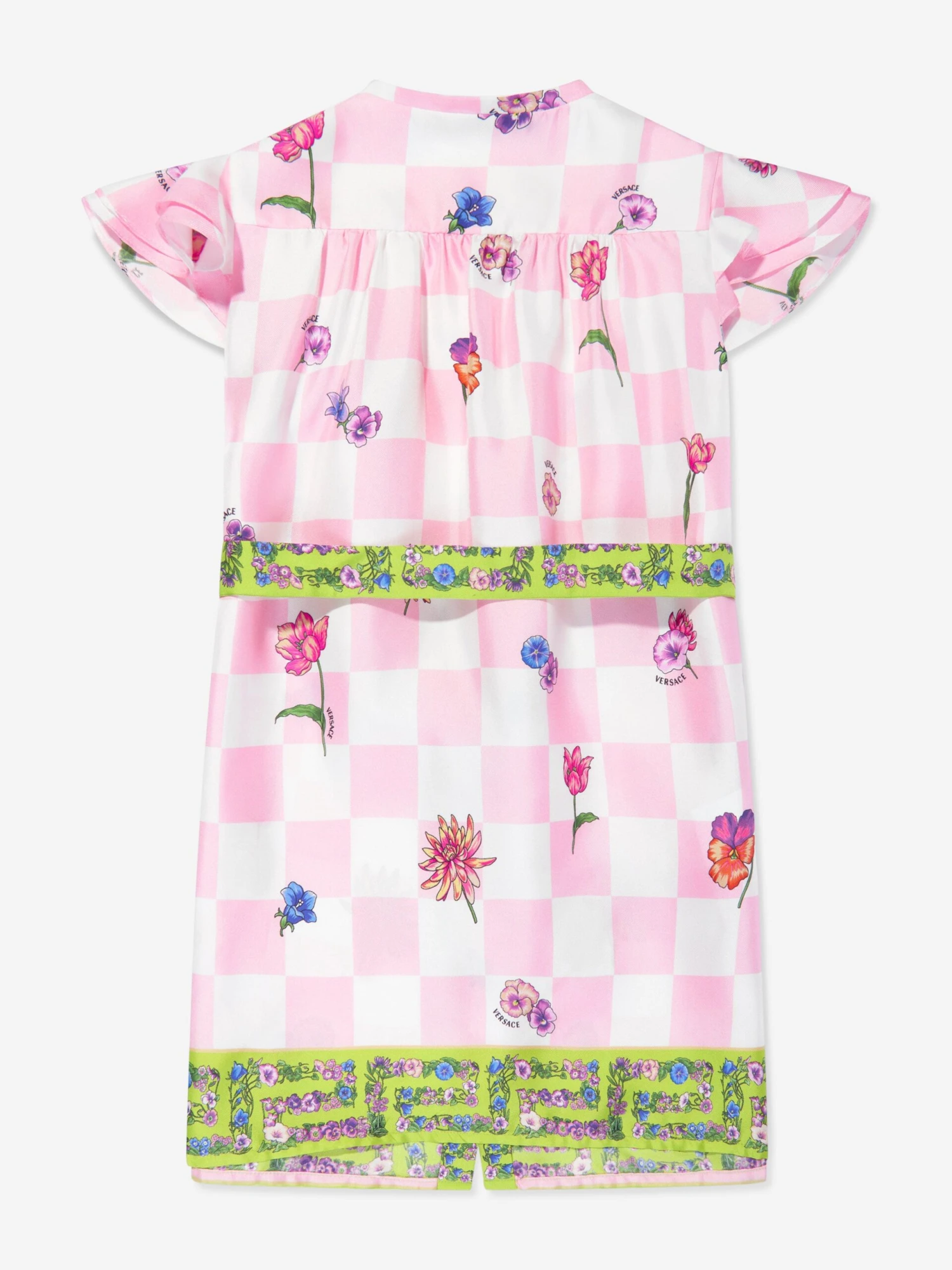 Versace Girls Silk Damier Flowers Shirt Dress In Pink 4 Versace Girls Silk Damier Flowers Shirt Dress In Pink - Image 2