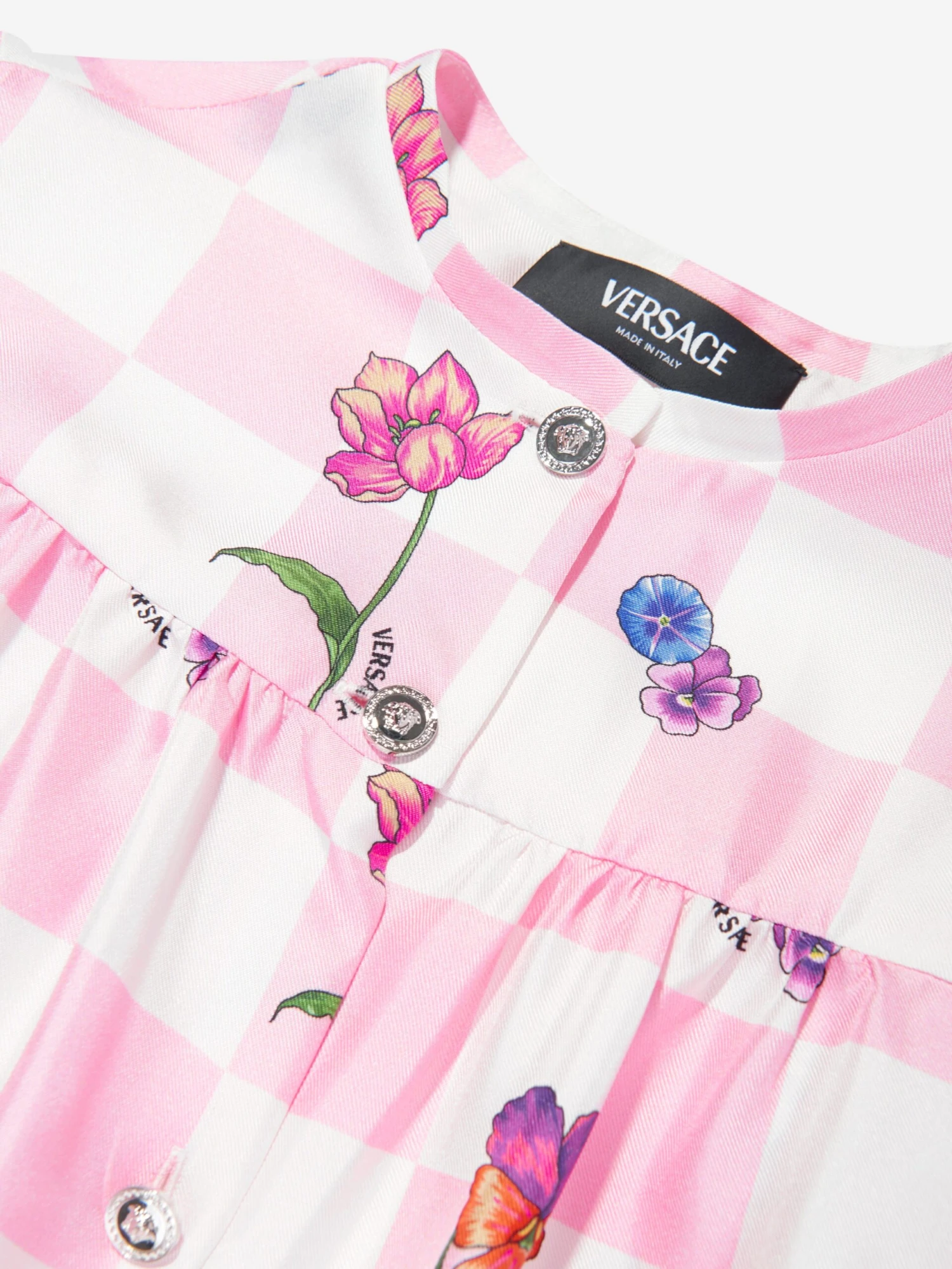 Versace Girls Silk Damier Flowers Shirt Dress In Pink 5 Versace Girls Silk Damier Flowers Shirt Dress In Pink - Image 3