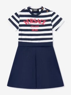 Versace Girls Nautical Striped Logo Dress In Navy