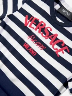 Versace Girls Nautical Striped Logo Dress In Navy -Monna Clothing Shop VERS4095 NAVY WHITE RED 3