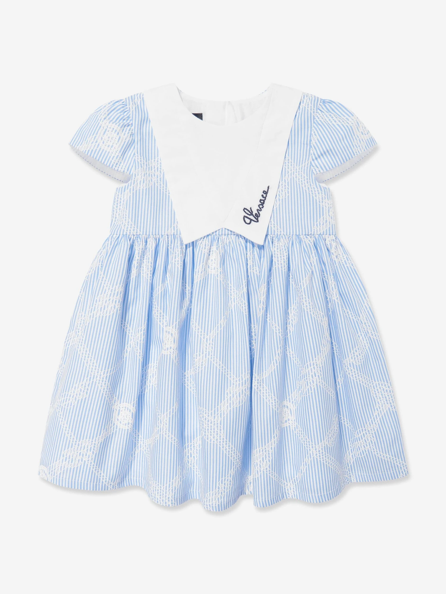 Versace Baby Girls Logo Marine Embroidered Dress In Blue 3 Versace Baby Girls Logo Marine Embroidered Dress In Blue