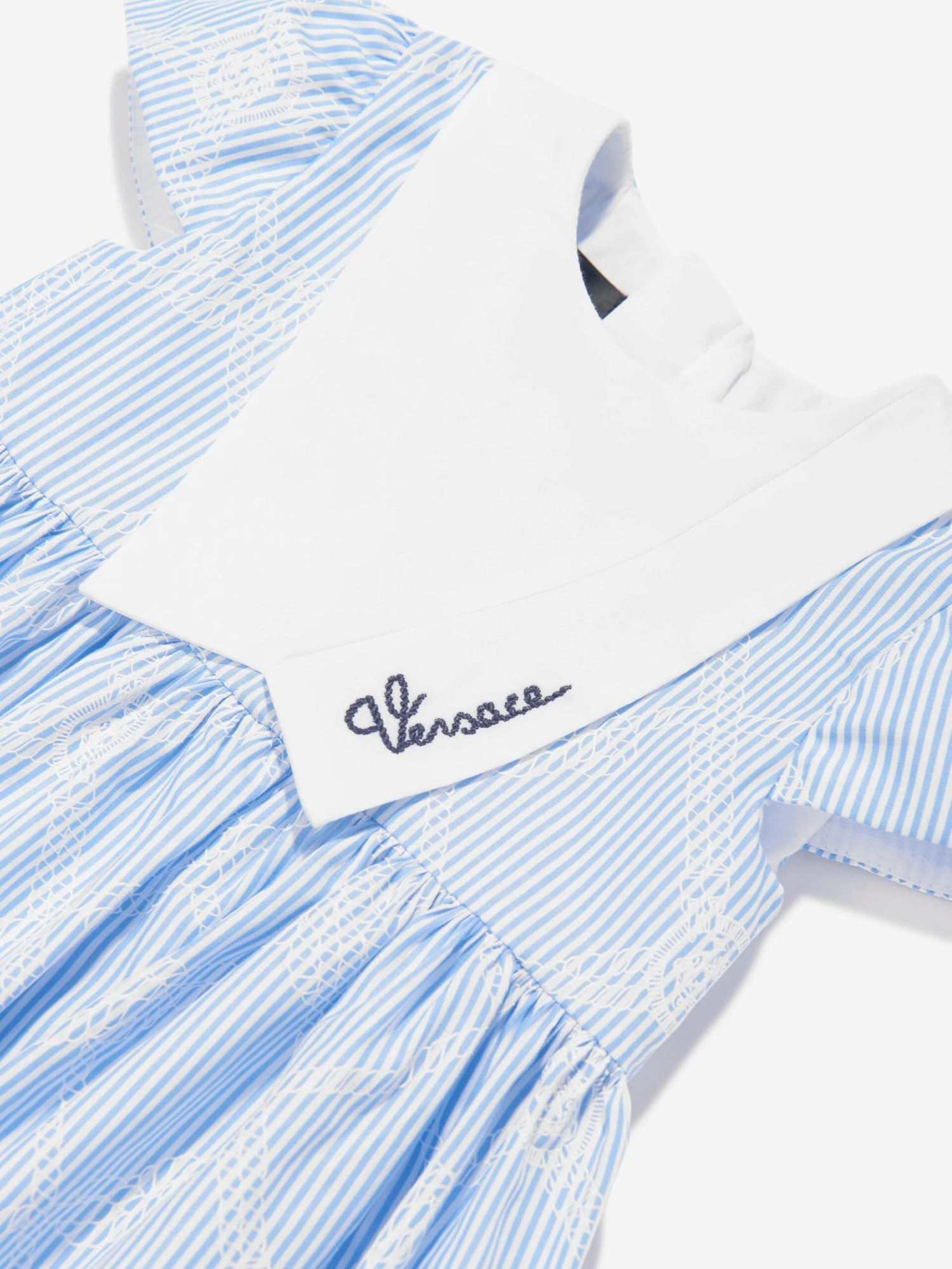 Versace Baby Girls Logo Marine Embroidered Dress In Blue 5 Versace Baby Girls Logo Marine Embroidered Dress In Blue - Image 3