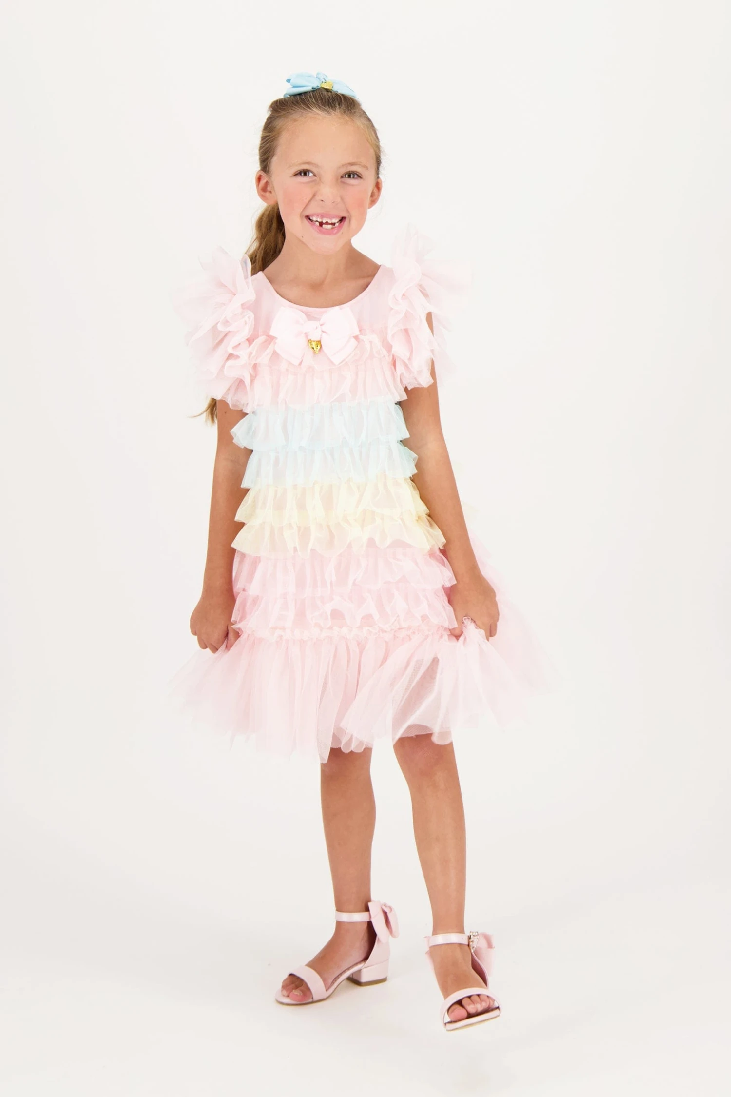Girls Waterfall Ruffle Dress In Pink 4 Girls Waterfall Ruffle Dress In Pink - Image 2