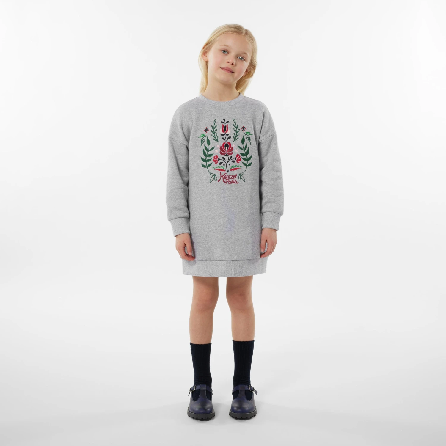 Kenzo Kids Girls Embroidered Sweater Dress In Grey 4 Kenzo Kids Girls Embroidered Sweater Dress In Grey - Image 2